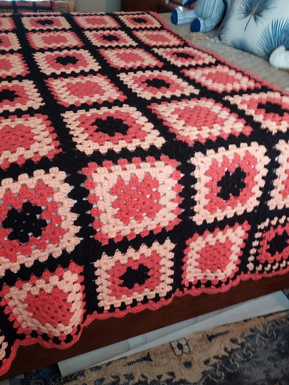 Handmade Melon, Black & Pink Crochet Granny Square Throw Blanket -Cozy 48